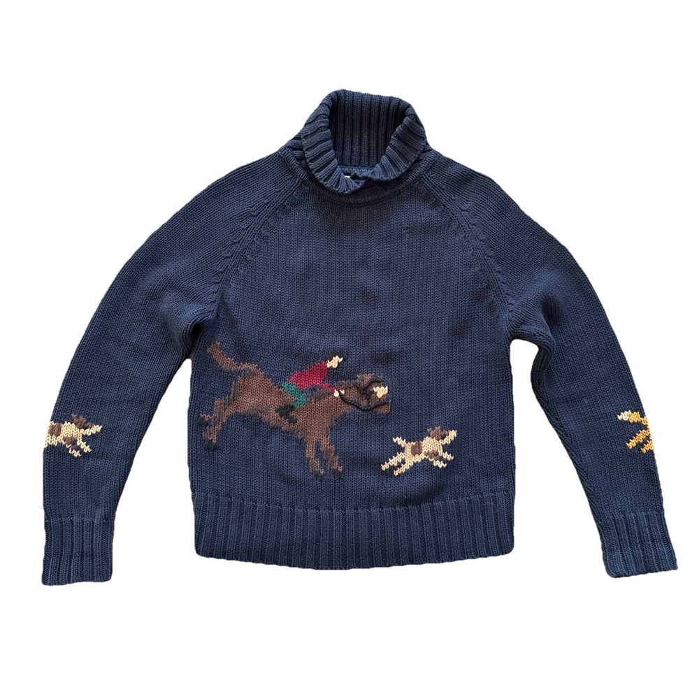 Pendleton Fox Hunt Sweater Womens Medium Horse Dog Intarsia Cotton Navy Blue